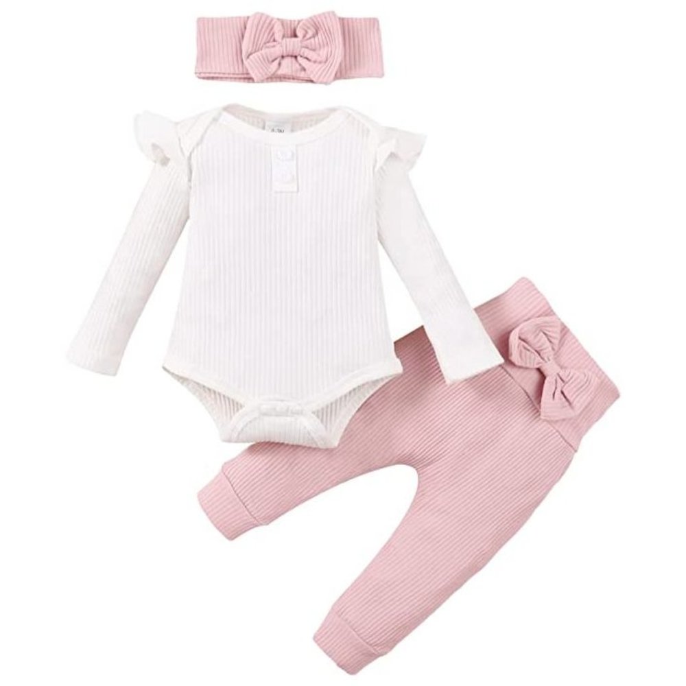 NEW Boutique Newborn Baby Girl 3 PC Set Outfit Clothes Pink White sz 3-6 Months